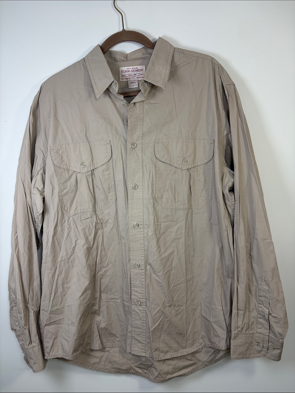 Filson Washed Feather Cloth Lightweight Button-Up Shirt - L - Tan